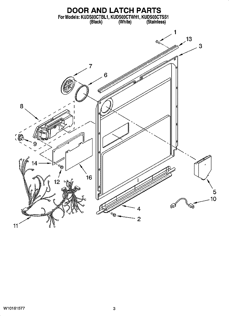 DOOR AND LATCH PARTS Diagram and Parts List for KUDS03CTWH1  KitchenAid Dishwasher