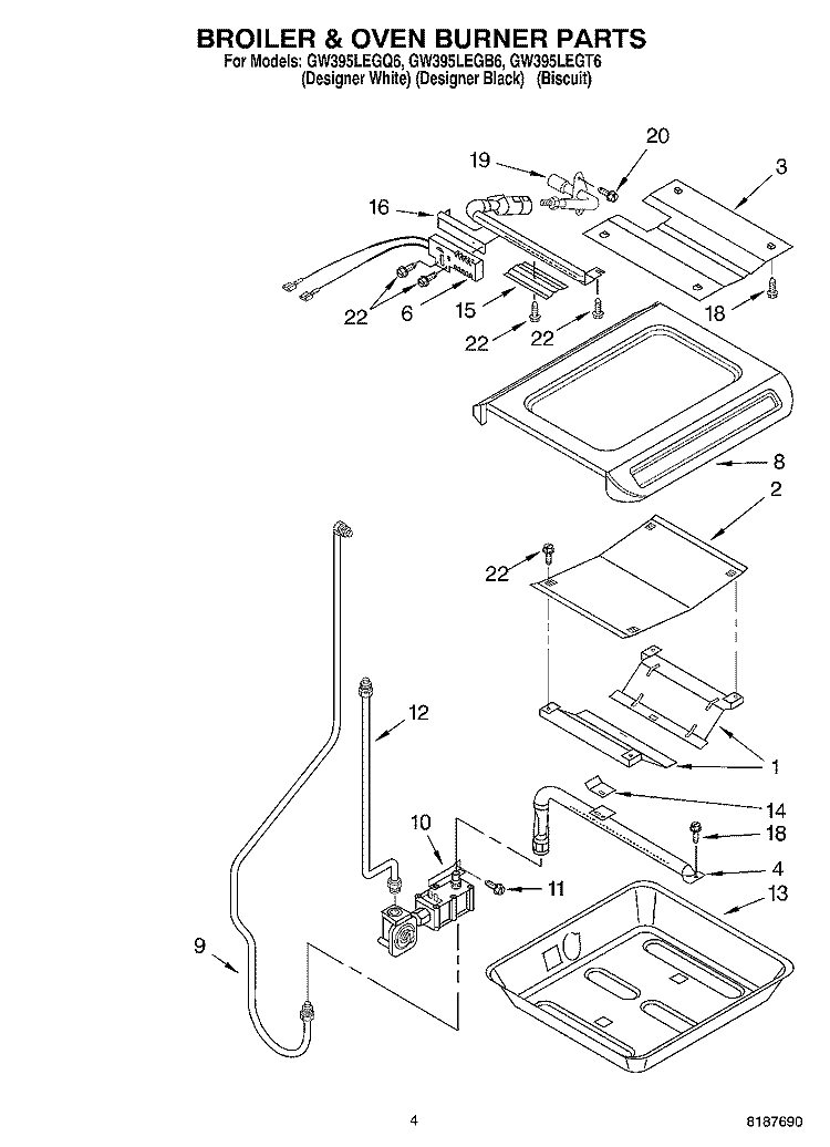 BROILER AND OVEN BURNER Diagram and Parts List for GW395LEGB6  Whirlpool Range