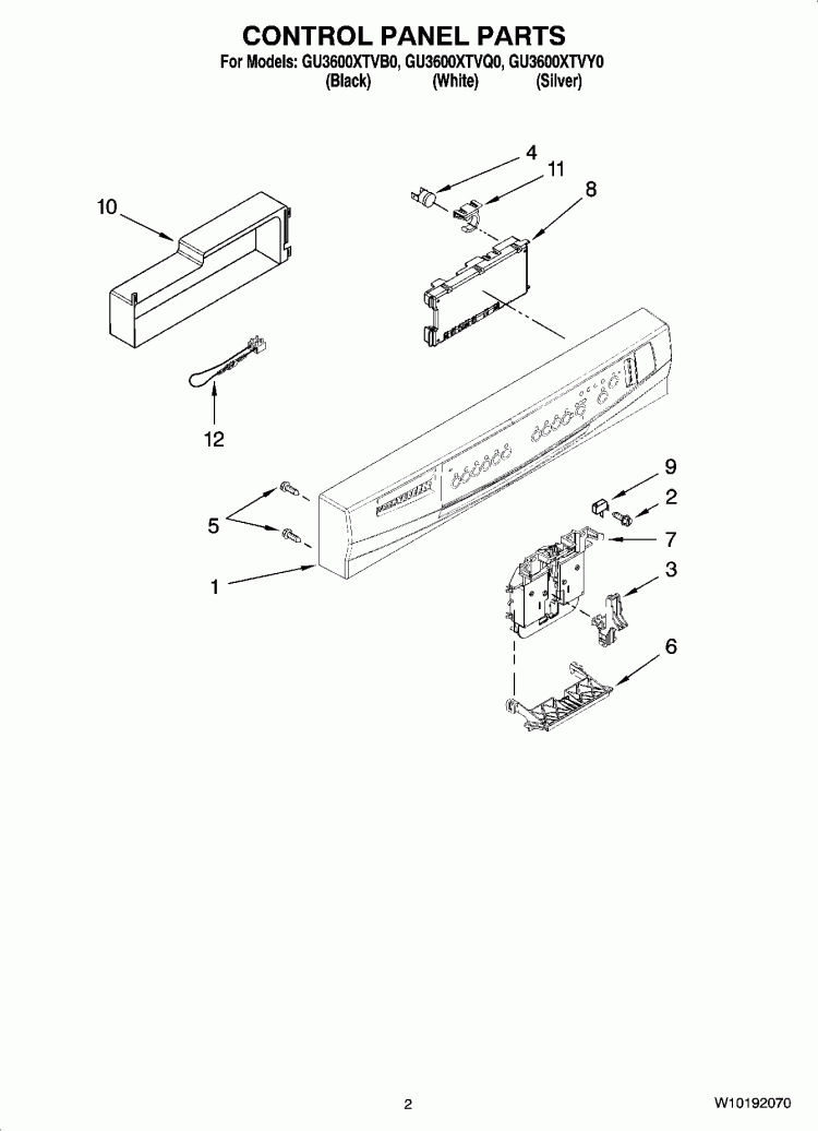CONTROL PANEL PARTS Diagram and Parts List for GU3600XTVQ0  Whirlpool Dishwasher