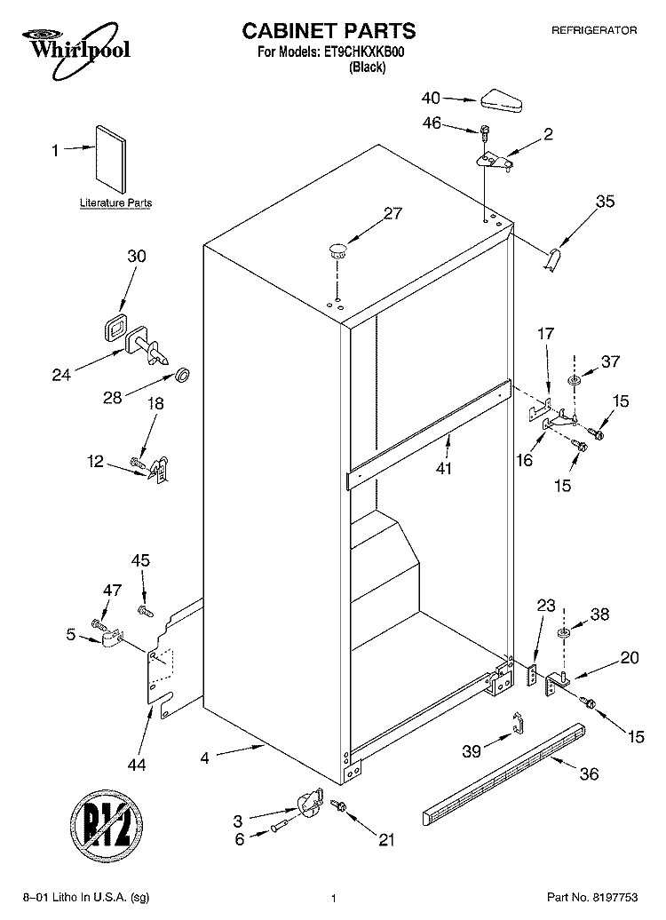 CABINET, LITERATURE Diagram and Parts List for ET9CHKXKB00  Whirlpool Refrigerator