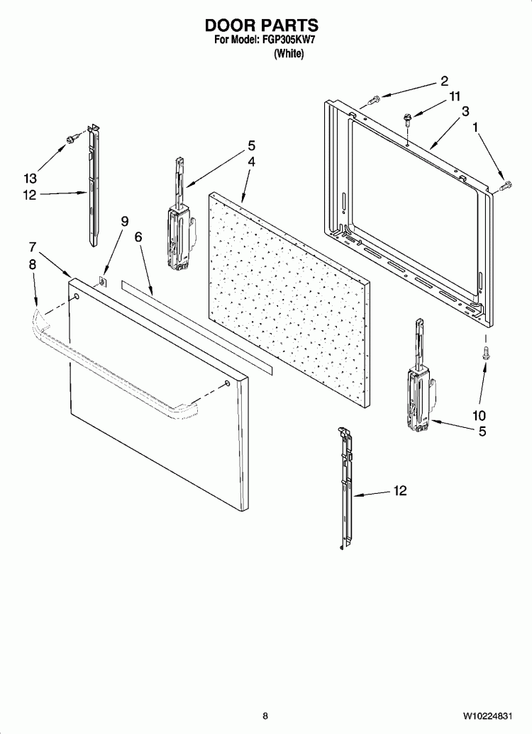 DOOR PARTS, OPTIONAL PARTS (NOT INCLUDED) Diagram and Parts List for FGP305KW7  Roper Range