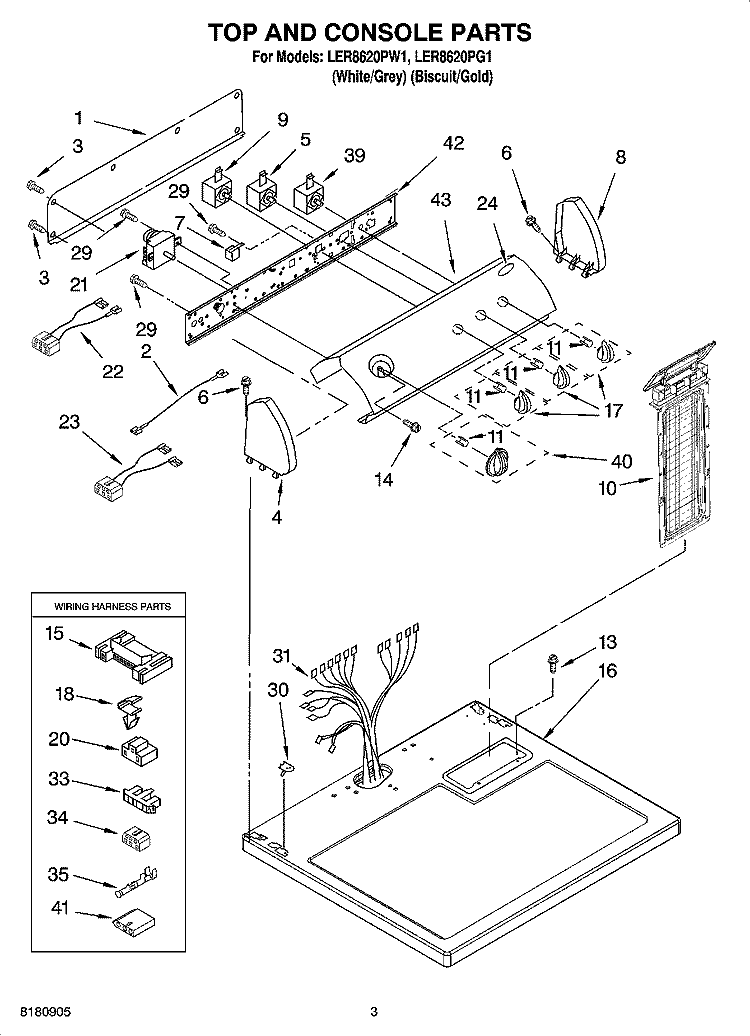 TOP AND CONSOLE PARTS Diagram and Parts List for LER8620PW1  Whirlpool Dryer