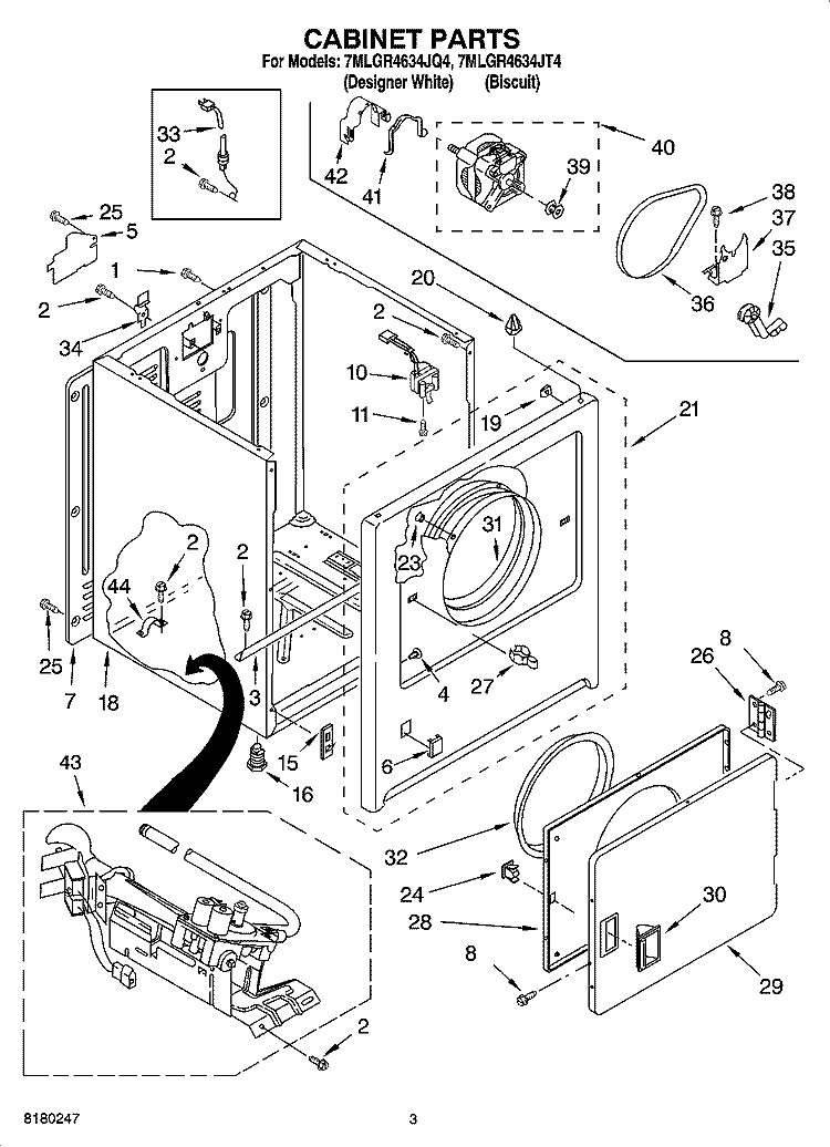 CABINET PARTS Diagram and Parts List for 7MLGR4634JT4  Whirlpool Dryer