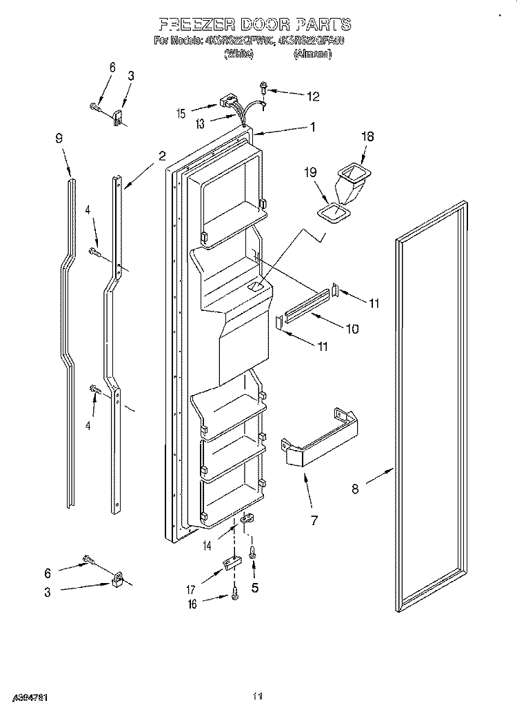 FREEZER DOOR Diagram and Parts List for 4KSRS22QFW00  KitchenAid Refrigerator
