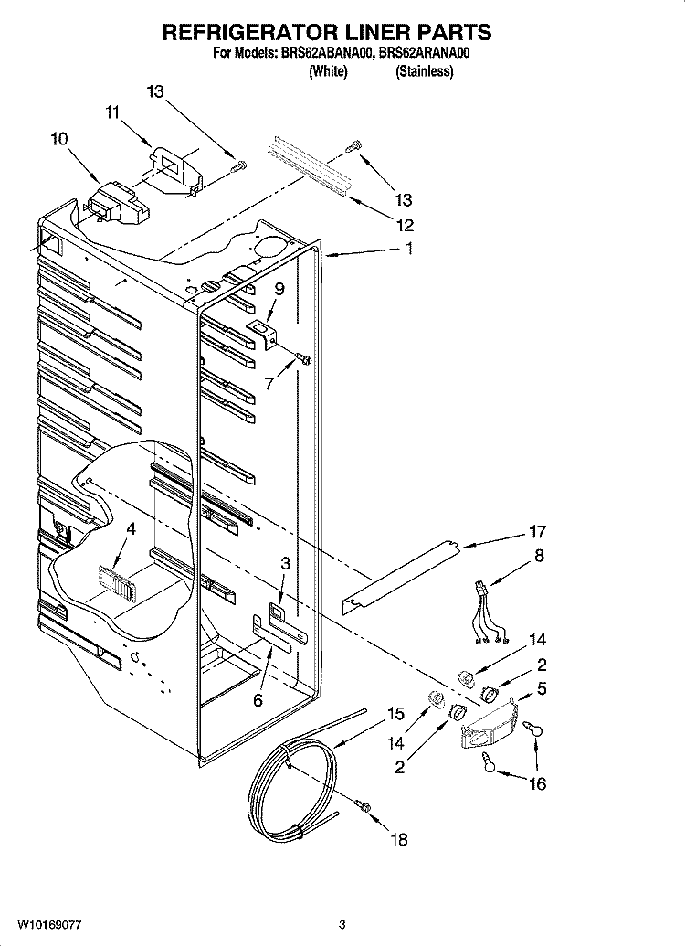 REFRIGERATOR LINER PARTS Diagram and Parts List for BRS62ARANA00  Whirlpool Refrigerator