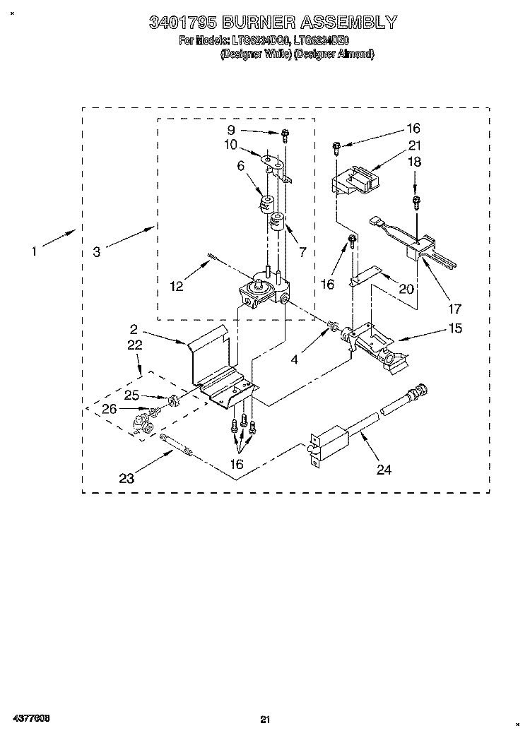 3401795 BURNER ASSEMBLY Diagram and Parts List for LTG6234DQ0  Whirlpool Washer Dryer Combo