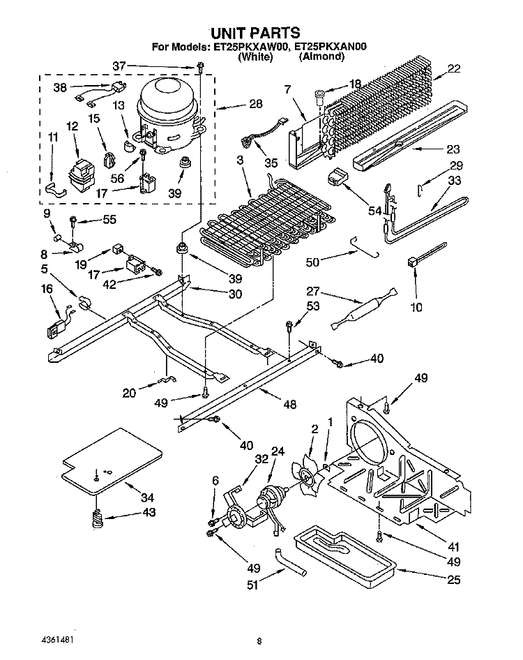 UNIT Diagram and Parts List for ET25PKXAN00  Whirlpool Refrigerator