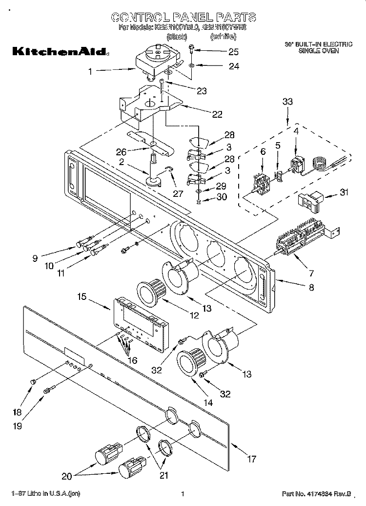 CONTROL PANEL, LITERATURE Diagram and Parts List for KEBN100YBL0  KitchenAid Wall Oven