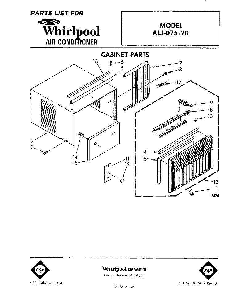 SECTION Diagram and Parts List for ALJ07520  Whirlpool Air Conditioner