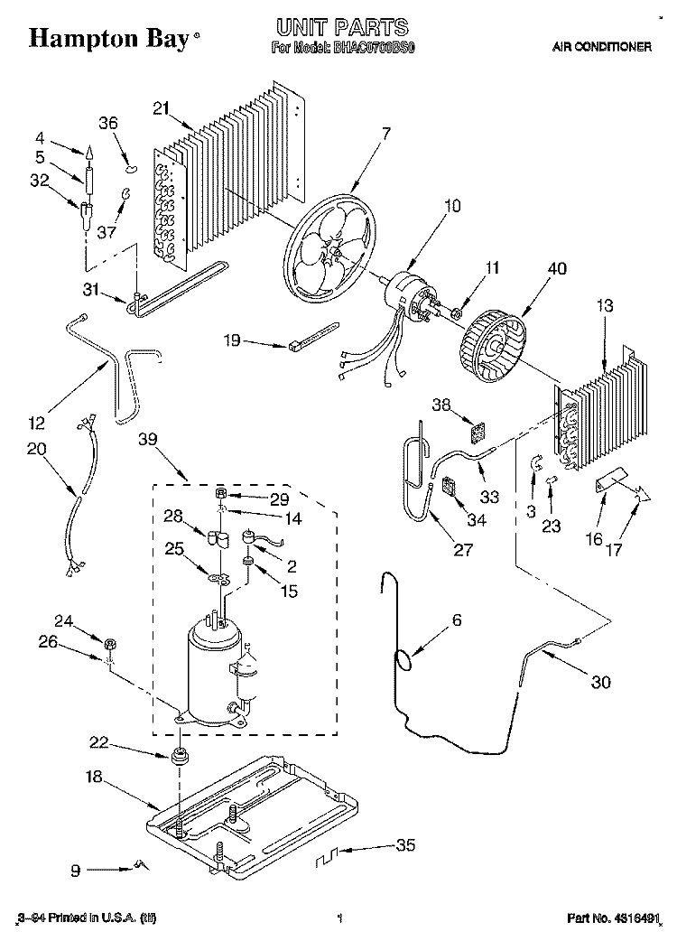 UNIT, LITERATURE Diagram and Parts List for BHAC0700BS0  Whirlpool Air Conditioner