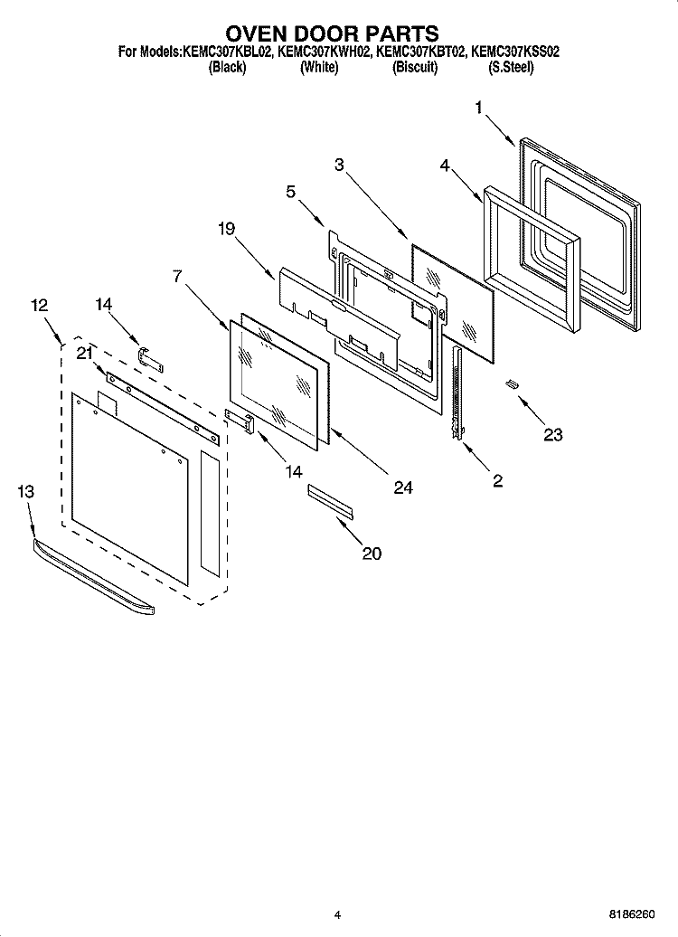 OVEN DOOR PARTS Diagram and Parts List for KEMC307KBL02  KitchenAid Microwave Oven Combo