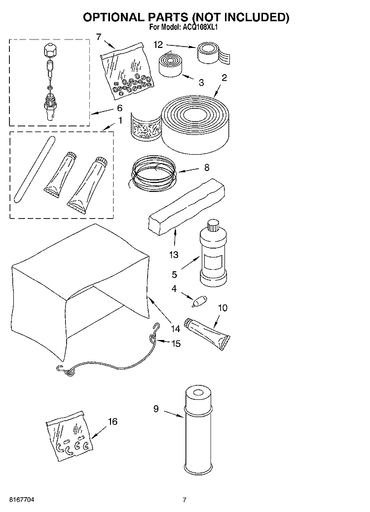 OPTIONAL  PARTS (NOT INCLUDED) Diagram and Parts List for ACQ108XL1  Whirlpool Air Conditioner