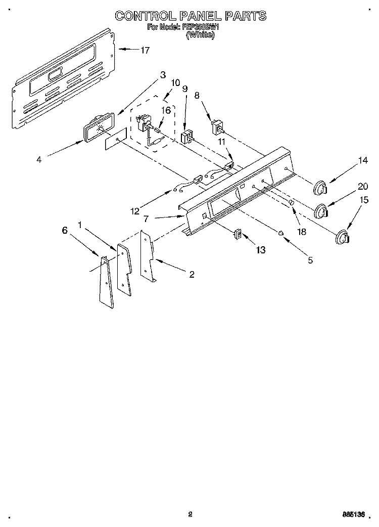 CONTROL PANEL Diagram and Parts List for FEP350BW1  Roper Range