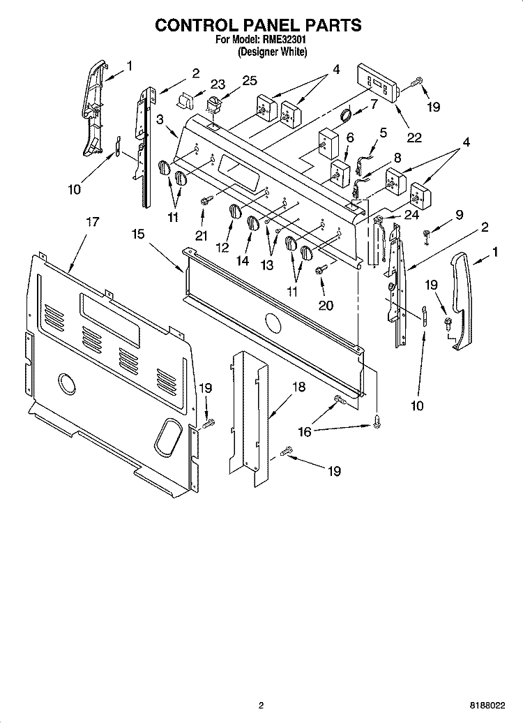 CONTROL PANEL PARTS Diagram and Parts List for RME32301  Roper Range