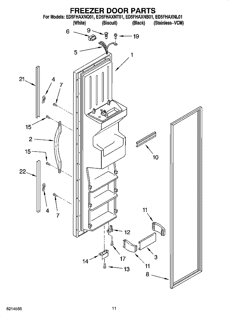 FREEZER DOOR PARTS Diagram and Parts List for ED5FHAXNT01  Whirlpool Refrigerator