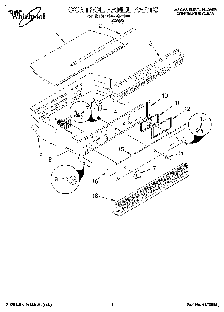 CONTROL PANEL Diagram and Parts List for SB130PEDB0  Whirlpool Wall Oven