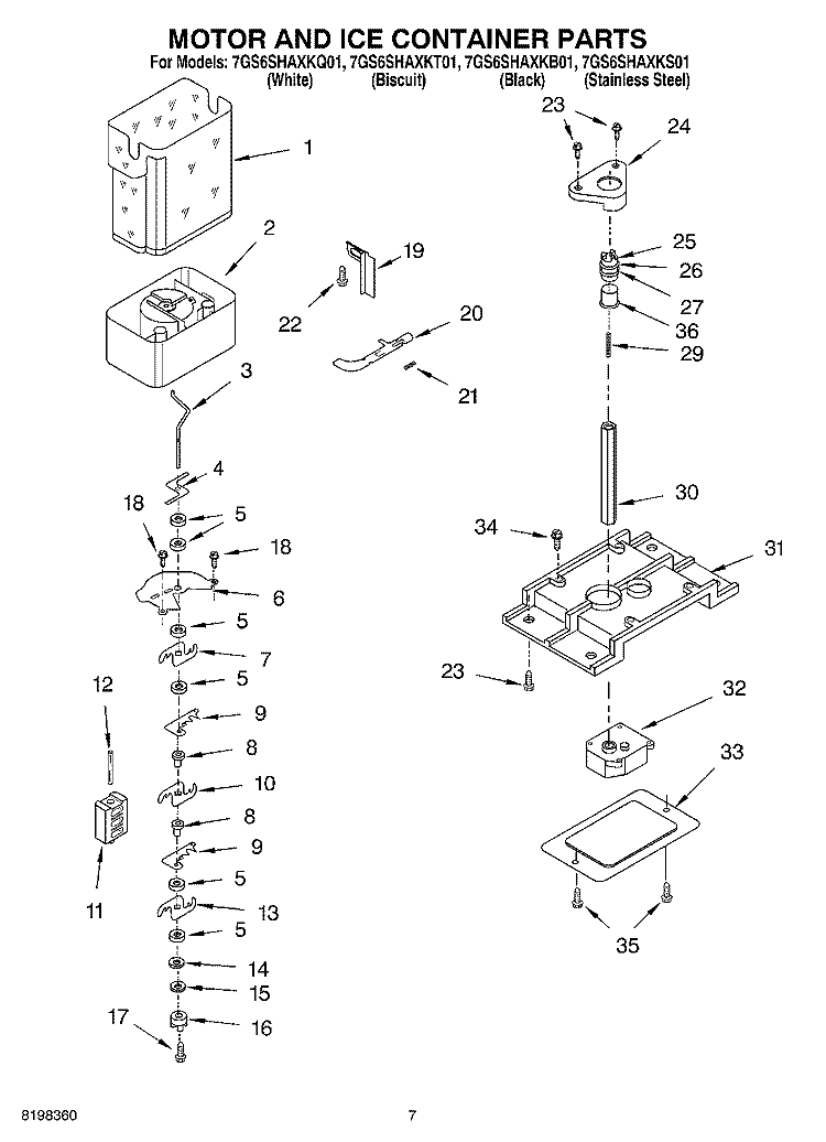 MOTOR AND ICE CONTAINER Diagram and Parts List for 7GS6SHAXKB01  Whirlpool Refrigerator