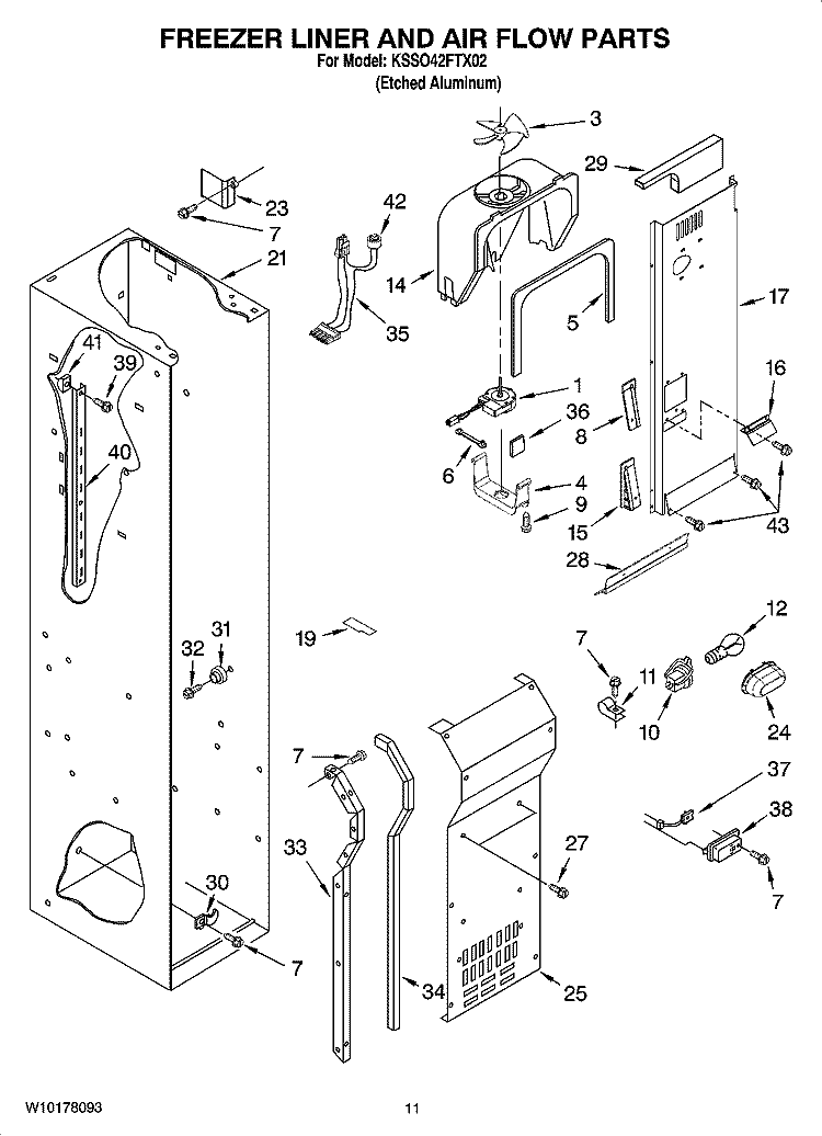 FREEZER LINER AND AIR FLOW PARTS Diagram and Parts List for KSSO42FTX02  KitchenAid Refrigerator