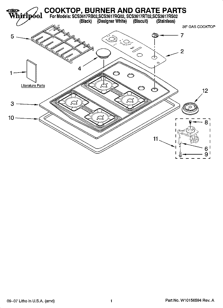 COOKTOP, BURNER AND GRATE PARTS Diagram and Parts List for SCS3617RB02  Whirlpool Cooktop