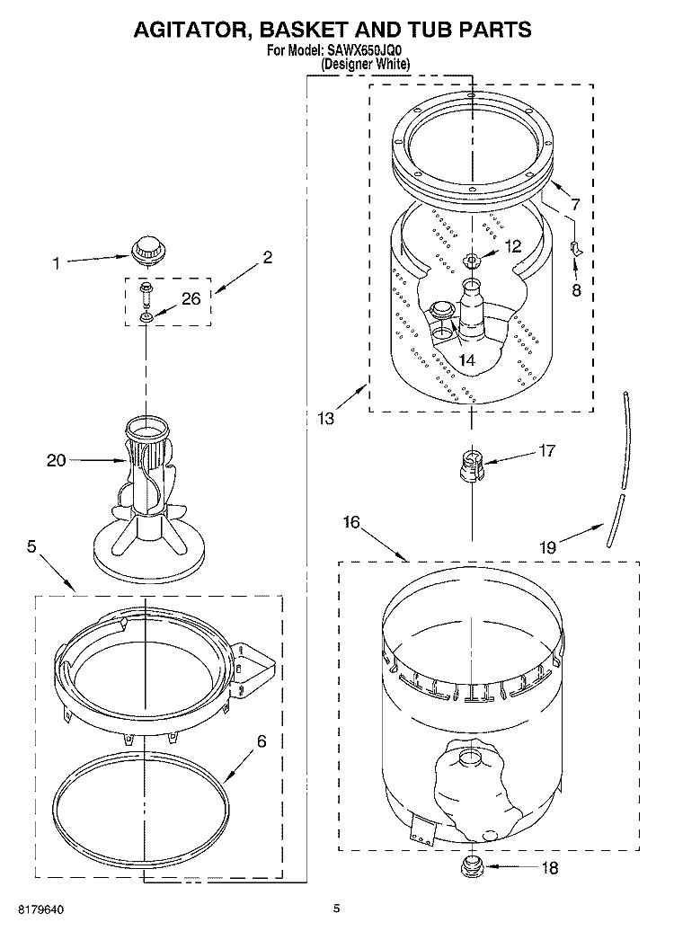 AGITATOR, BASKET AND TUB Diagram and Parts List for SAWX650JQ0  Whirlpool Washer