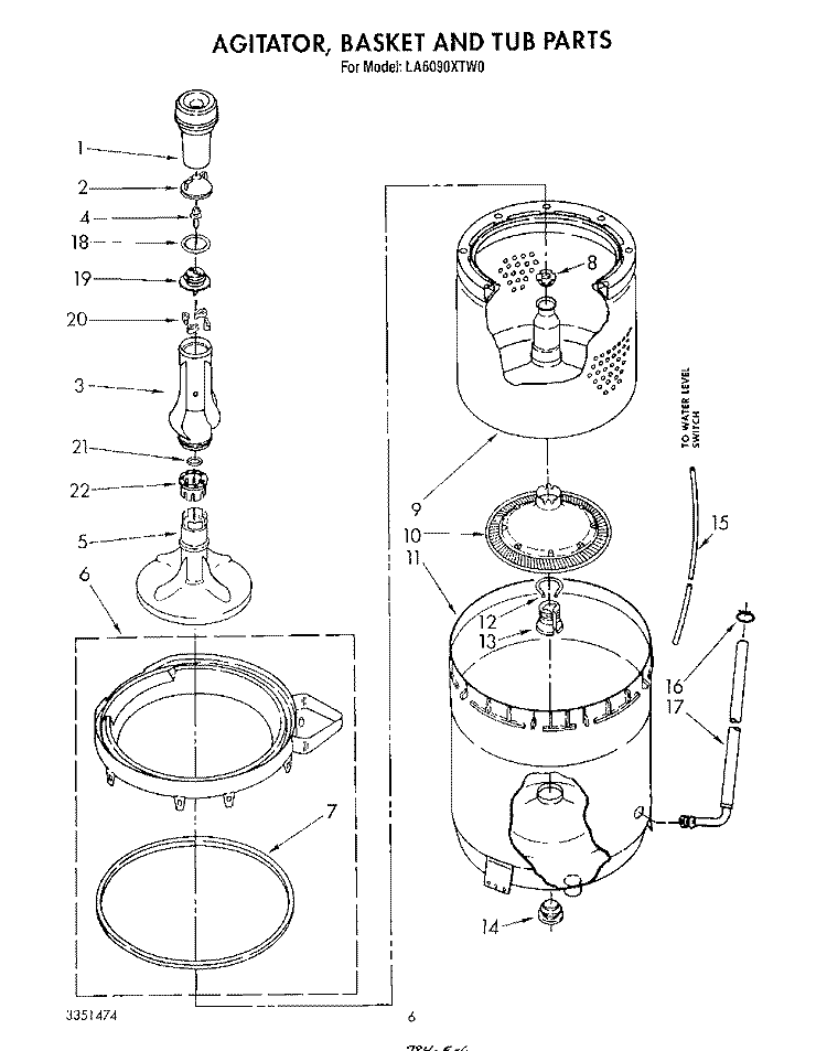 AGITATOR, BASKET AND TUB Diagram and Parts List for LA6090XTM0  Whirlpool Washer