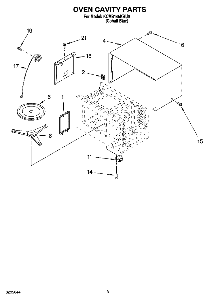 OVEN CAVITY PARTS Diagram and Parts List for KCMS145KBU0  KitchenAid Microwave