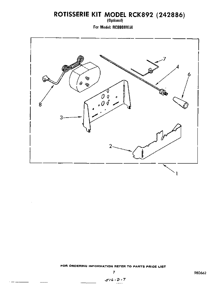 ROTISSERIE KIT RCK892 (242886) Diagram and Parts List for RC8800XLH  Whirlpool Cooktop