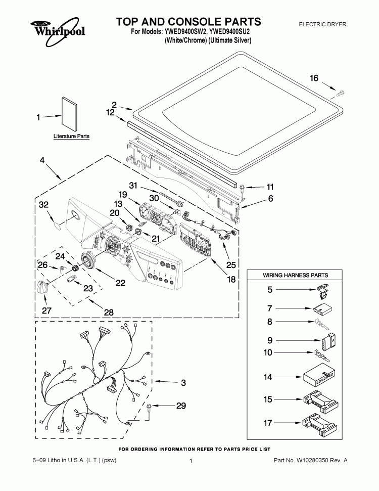 TOP AND CONSOLE PARTS Diagram and Parts List for YWED9400SW2  Whirlpool Dryer