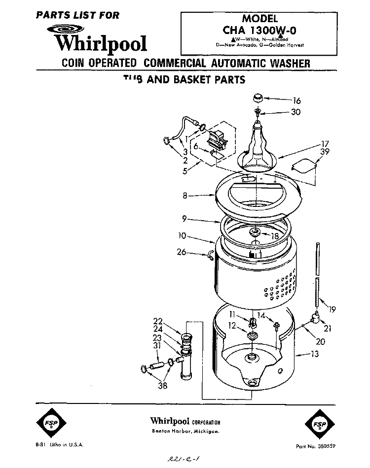 TUB AND BASKET Diagram and Parts List for CHA1300W0  Whirlpool Washer