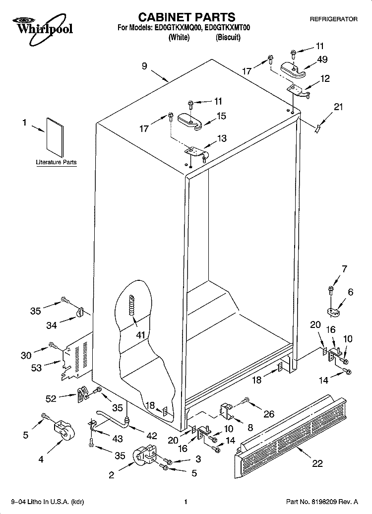 CABINET PARTS Diagram and Parts List for ED0GTKXMQ00  Whirlpool Refrigerator
