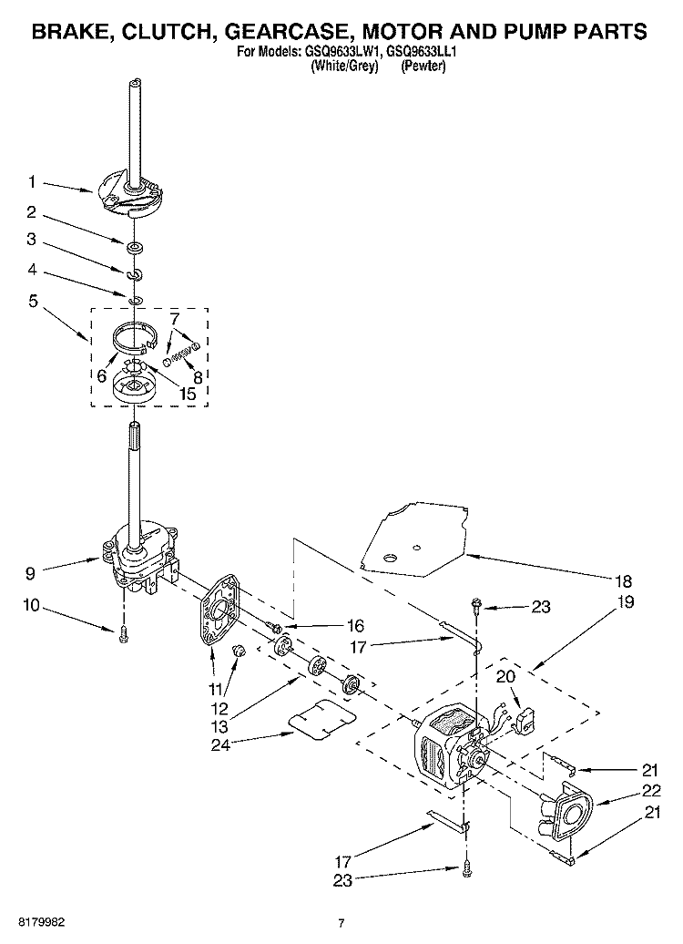 BRAKE, CLUTCH, GEARCASE, MOTOR AND PUMP PARTS Diagram and Parts List for GSQ9633LL1  Whirlpool Washer
