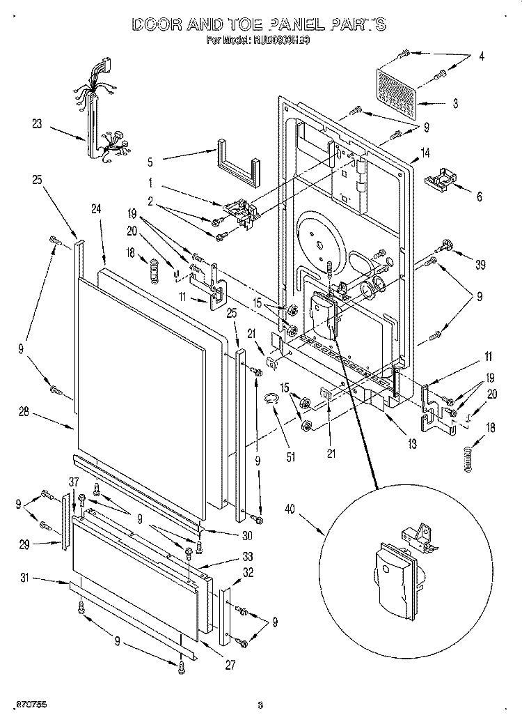 DOOR AND TOE PANEL Diagram and Parts List for RUD0800HB0  Roper Dishwasher
