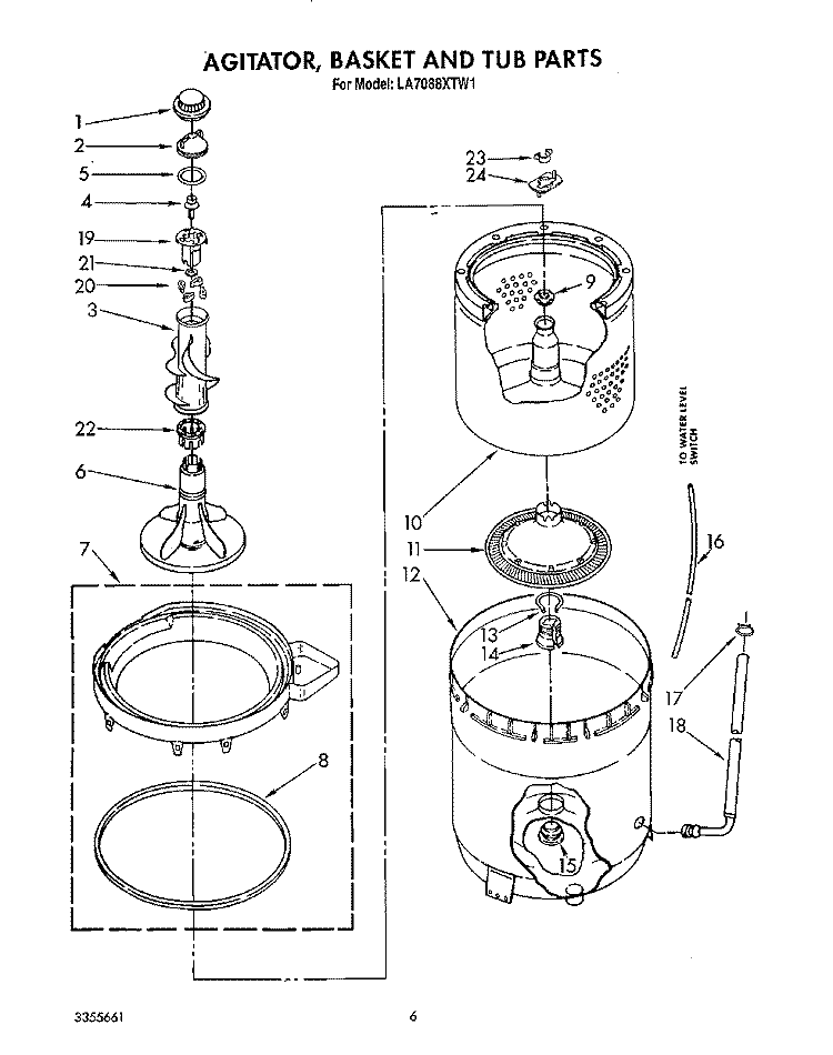AGITATOR, BASKET AND TUB Diagram and Parts List for LA7088XTF1  Whirlpool Washer