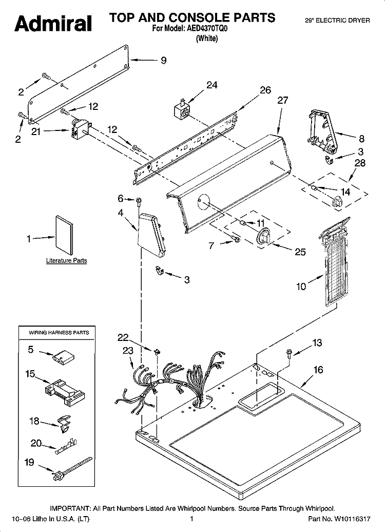 TOP AND CONSOLE PARTS Diagram and Parts List for AED4370TQ0  Admiral Dryer