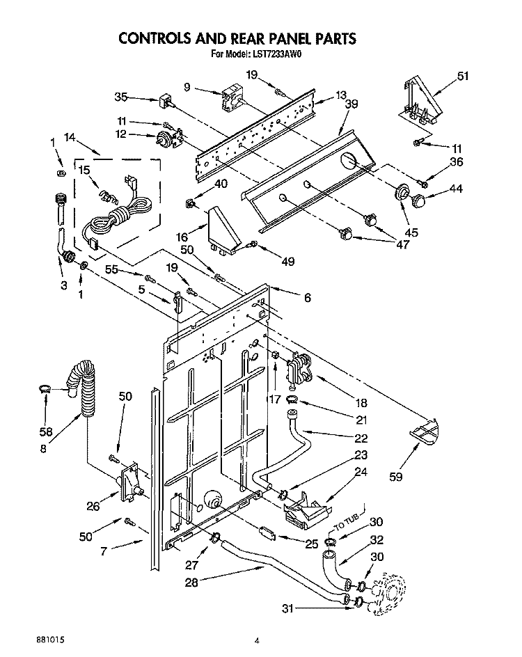CONTROLS AND REAR PANEL Diagram and Parts List for LST7233AW0  Whirlpool Washer