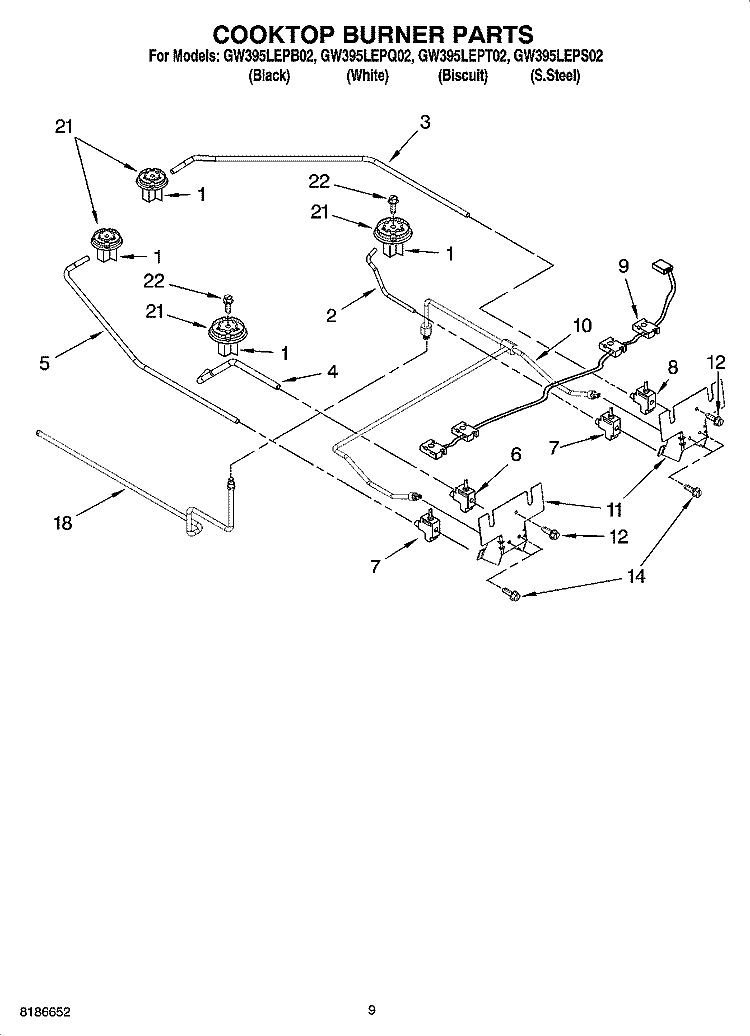 COOKTOP BURNER PARTS, OPTIONAL PARTS Diagram and Parts List for GW395LEPQ02  Whirlpool Range