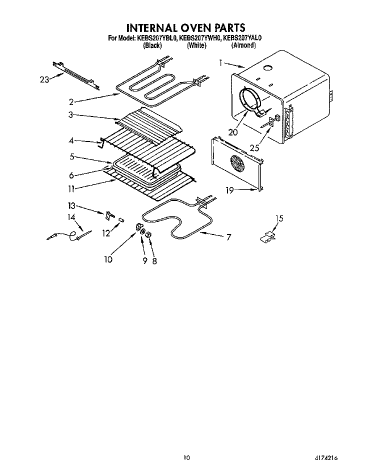 INTERNAL OVEN Diagram and Parts List for KEBS207YWH0  KitchenAid Wall Oven