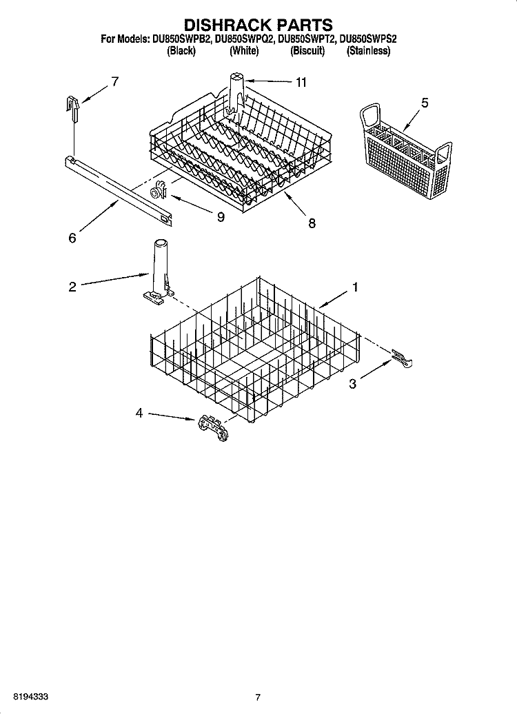 DISHRACK PARTS, OPTIONAL PARTS (NOT INCLUDED) Diagram and Parts List for DU850SWPQ2  Whirlpool Dishwasher
