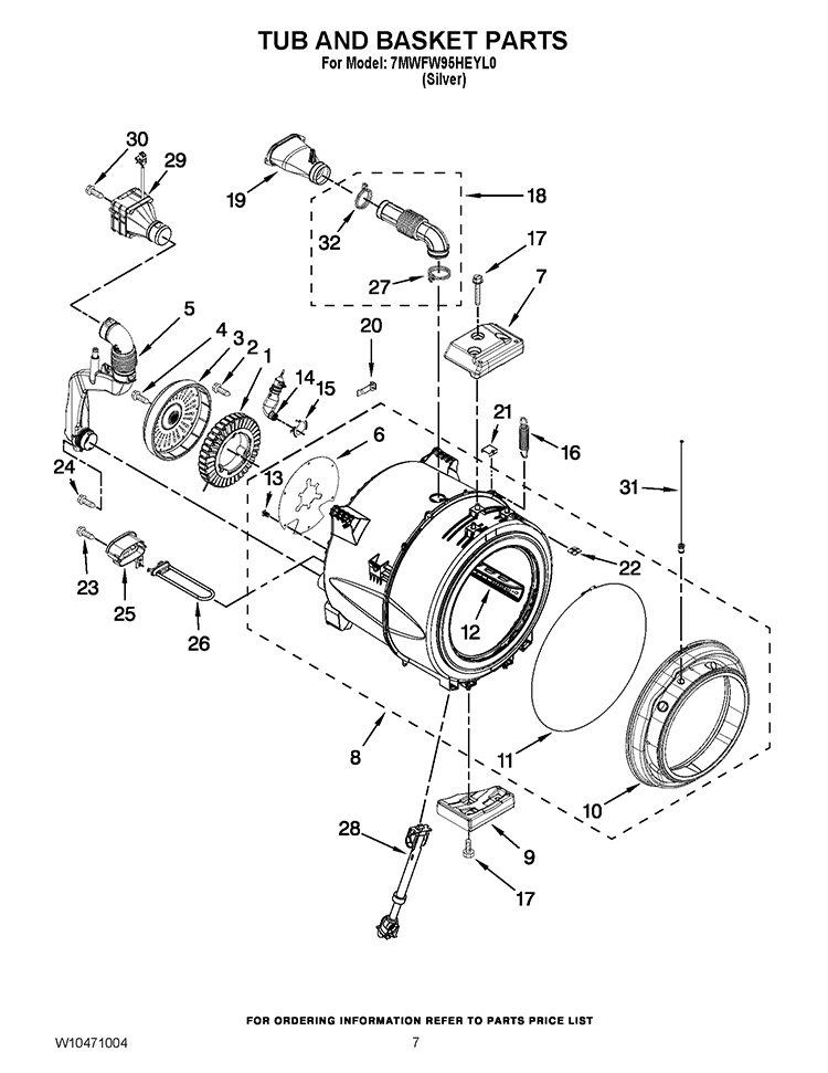 TUB AND BASKET PARTS Diagram and Parts List for 7MWFW95HEYL0  Whirlpool Washer