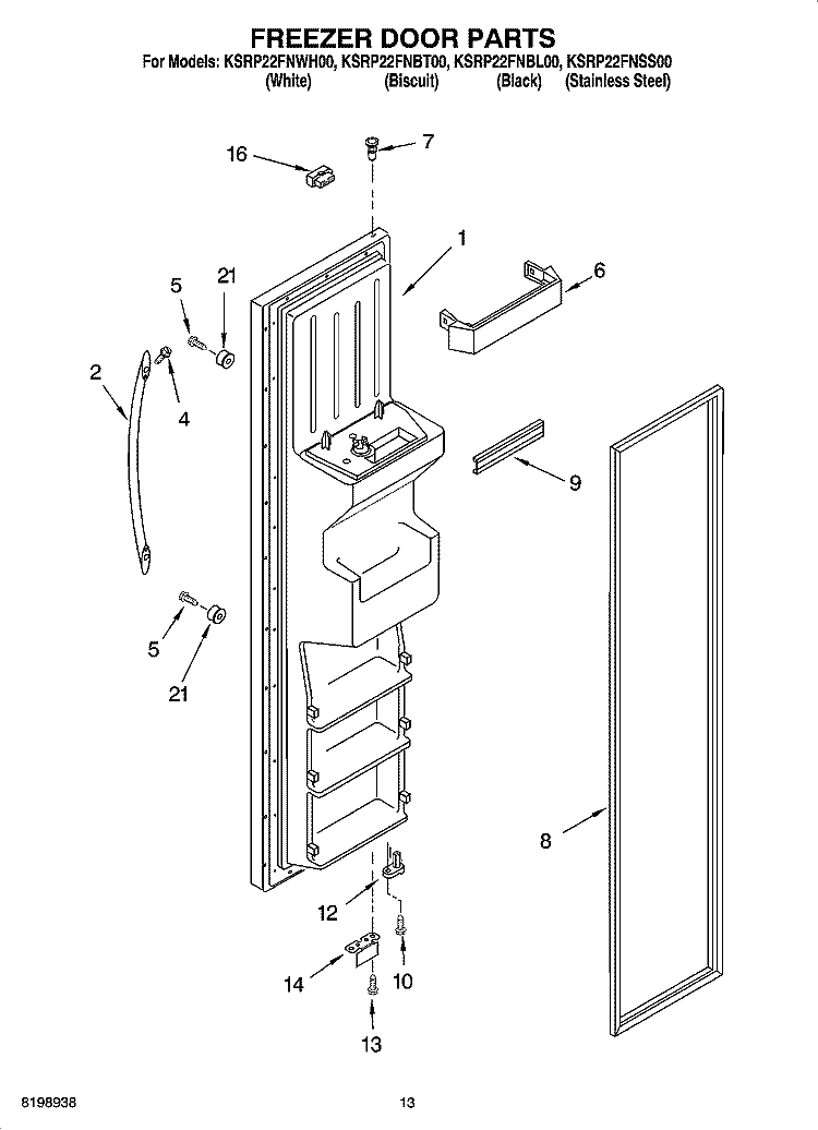 FREEZER DOOR PARTS Diagram and Parts List for KSRP22FNBT00  KitchenAid Refrigerator