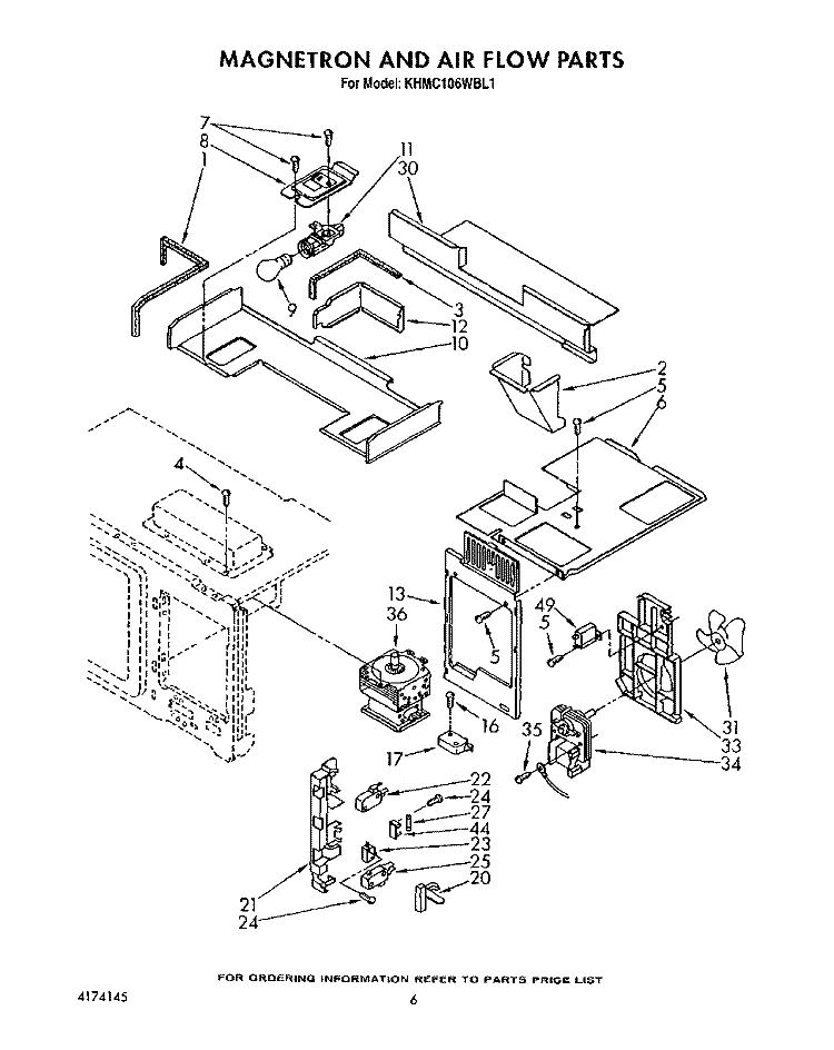 MAGNETRON AND AIR FLOW Diagram and Parts List for KHMC106WAL1  KitchenAid Microwave