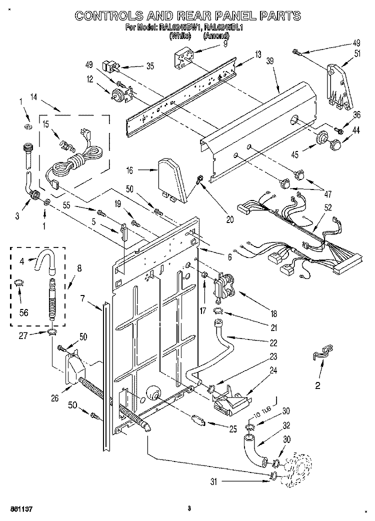 CONTROLS AND REAR PANEL Diagram and Parts List for RAL6245BL1  Whirlpool Washer