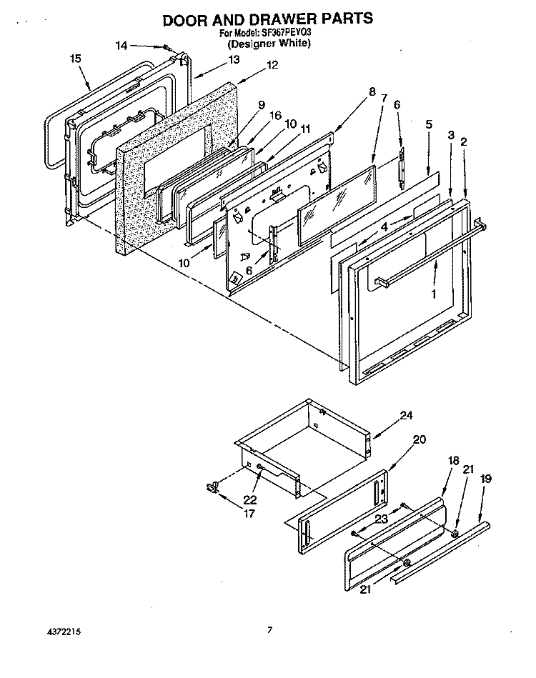 OVEN DOOR AND DRAWER Diagram and Parts List for SF367PEYQ3  Whirlpool Range