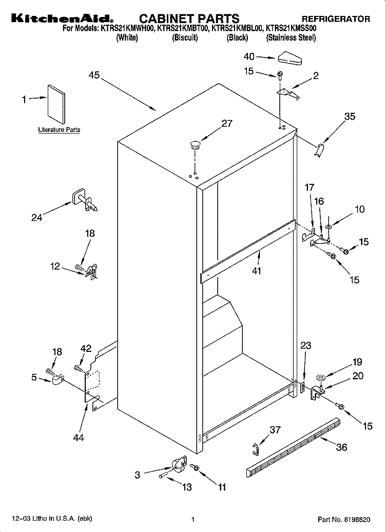 CABINET PARTS Diagram and Parts List for KTRS21KMBT00  KitchenAid Refrigerator