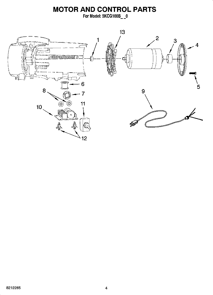 MOTOR AND CONTROL PARTS Diagram and Parts List for 5KCG100BAC0  KitchenAid Coffee Grinder