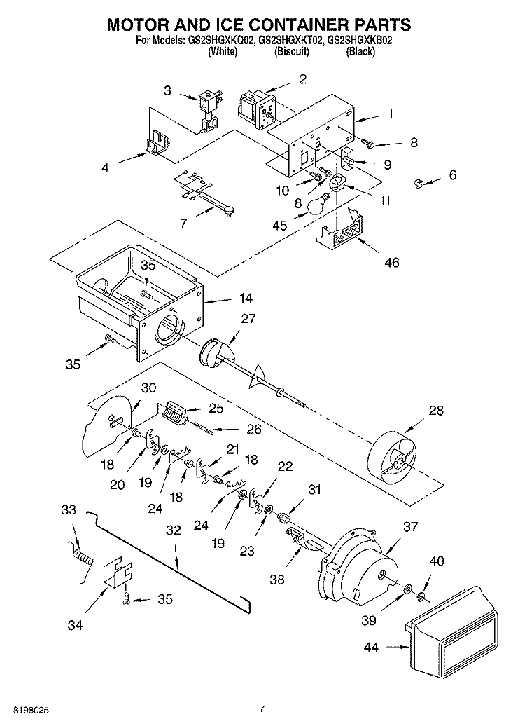 MOTOR AND ICE CONTAINER Diagram and Parts List for GS2SHGXKQ02  Whirlpool Refrigerator