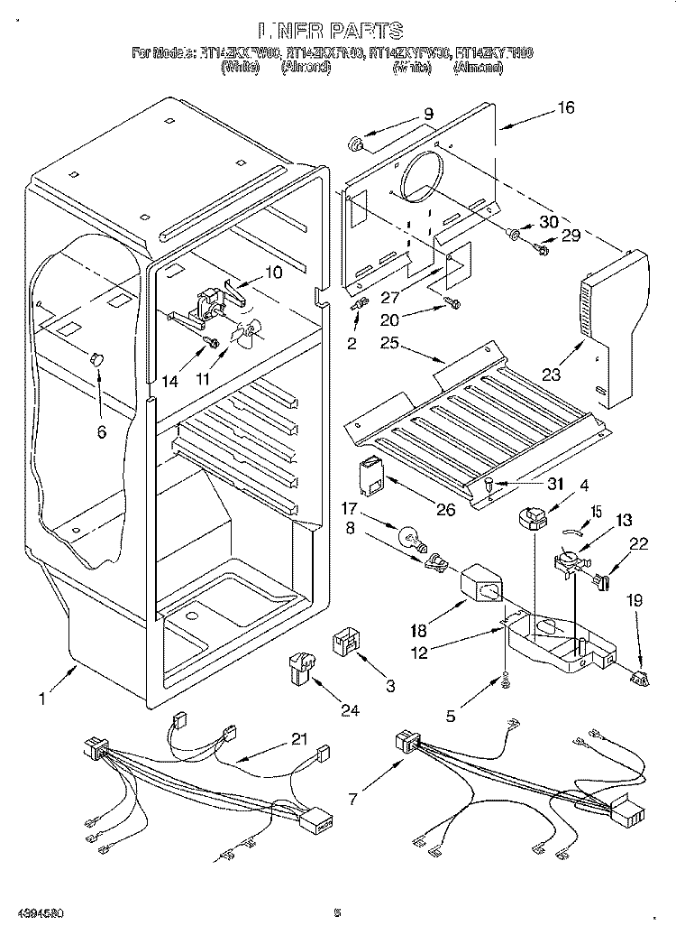 LINER, LIT/OPTIONAL Diagram and Parts List for RT14ZKXFW00  Roper Refrigerator