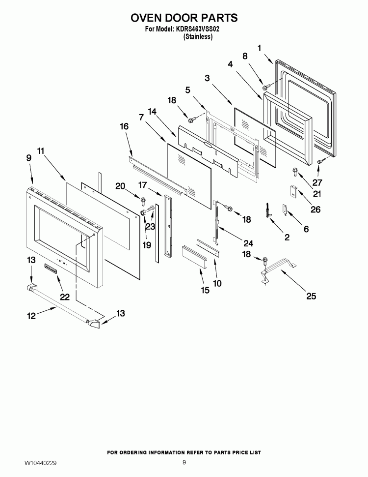 OVEN DOOR PARTS Diagram and Parts List for KDRS463VSS02  KitchenAid Range
