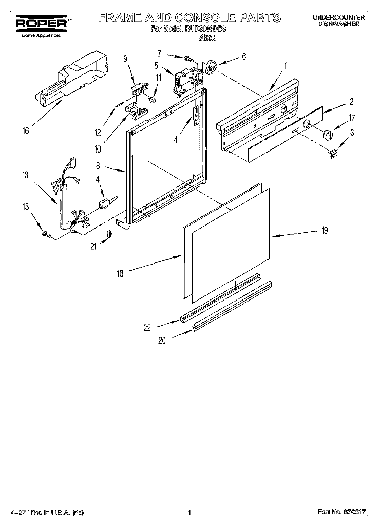FRAME AND CONSOLE Diagram and Parts List for RUD3006DB3  Roper Dishwasher