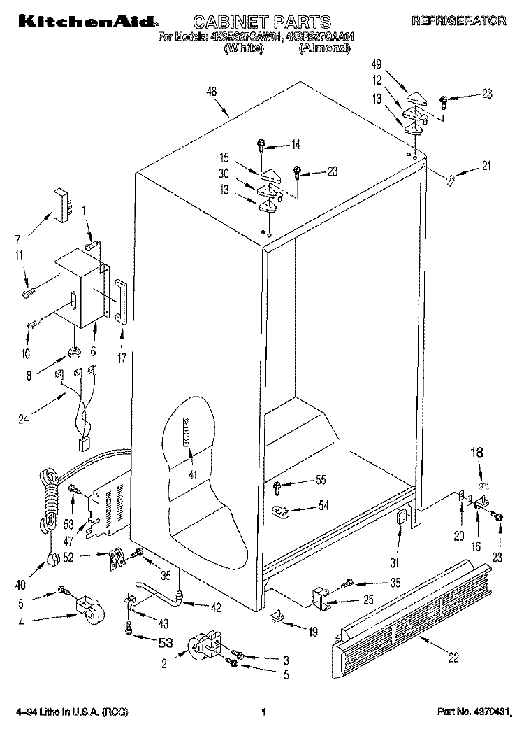 CABINET Diagram and Parts List for 4KSRS27QAA01  KitchenAid Refrigerator